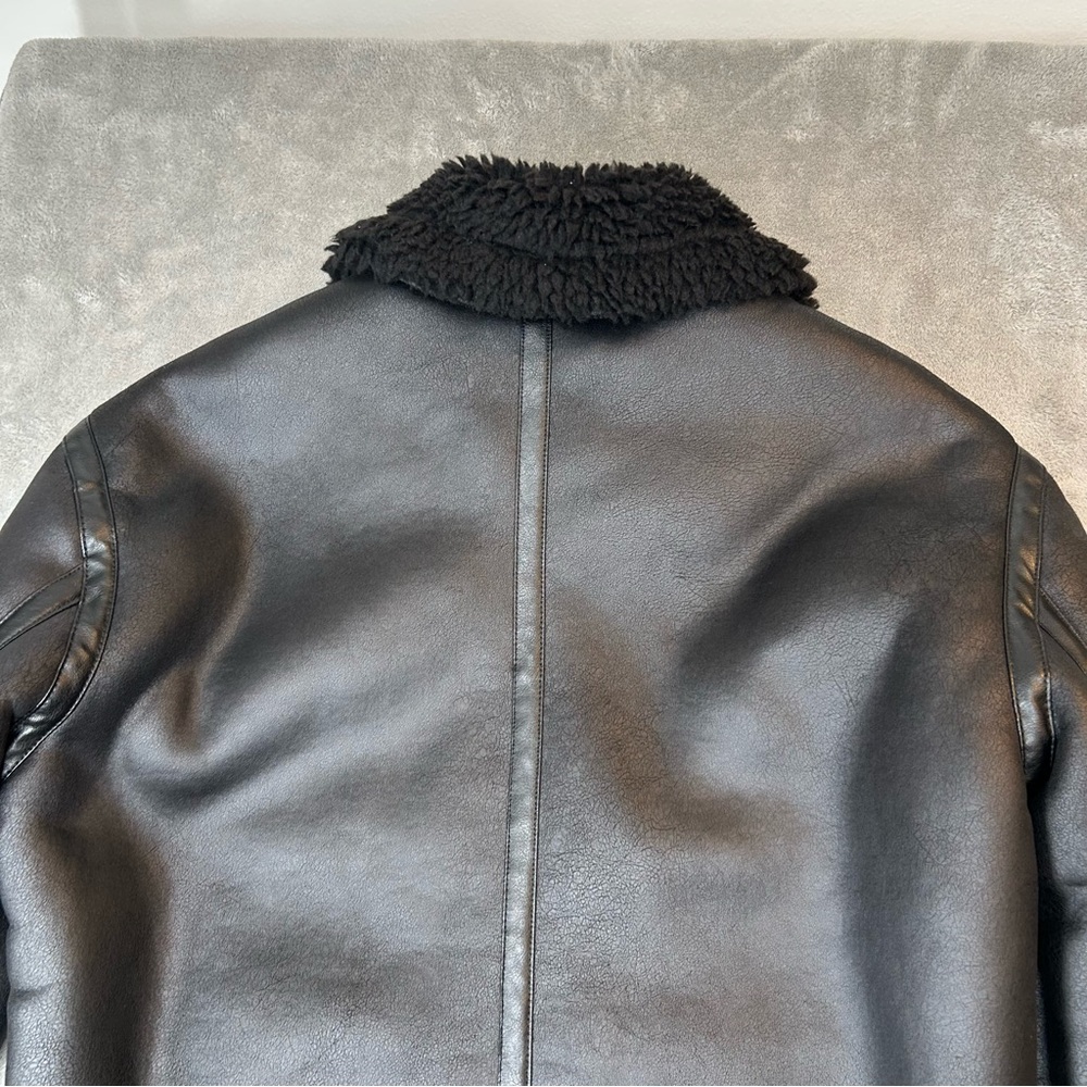 ZARA Biker Moto Jacket Coat Womens Faux Leather Fur Size M Color Black Aviator - Picture 7 of 16